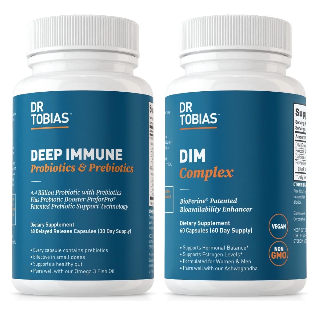 Tobias Deep Immune Probiotics & Prebiotics 및 DIM Complex 박사는 소화 건강, Gut 면역 기능, 여성 및 남성 호르몬 균형 지원