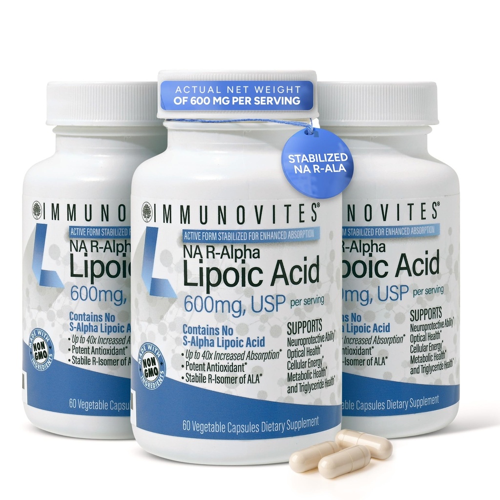 IMMUNOVITES 3-Pack 안정된 R-Alpha Lipoic 산 ((True))) 봉사 당 600mg [[고도 & 40x 증가 흡수까지]] (나 R-ALA) (나 R-LA) (나 R-Lipoate) (3 병)
