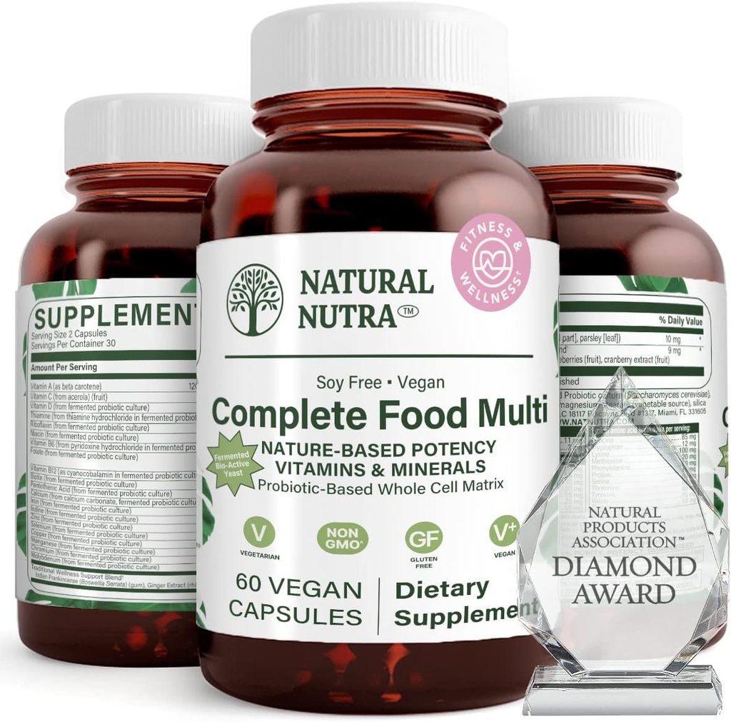 Natural Nutra Whole Food Complete Multivitamin and Mineral for Women and Men, Energy Booster, Bone Health Supplement 유지, 뇌 기능 및 피부 개선, Immunity 60 캡슐 강화
