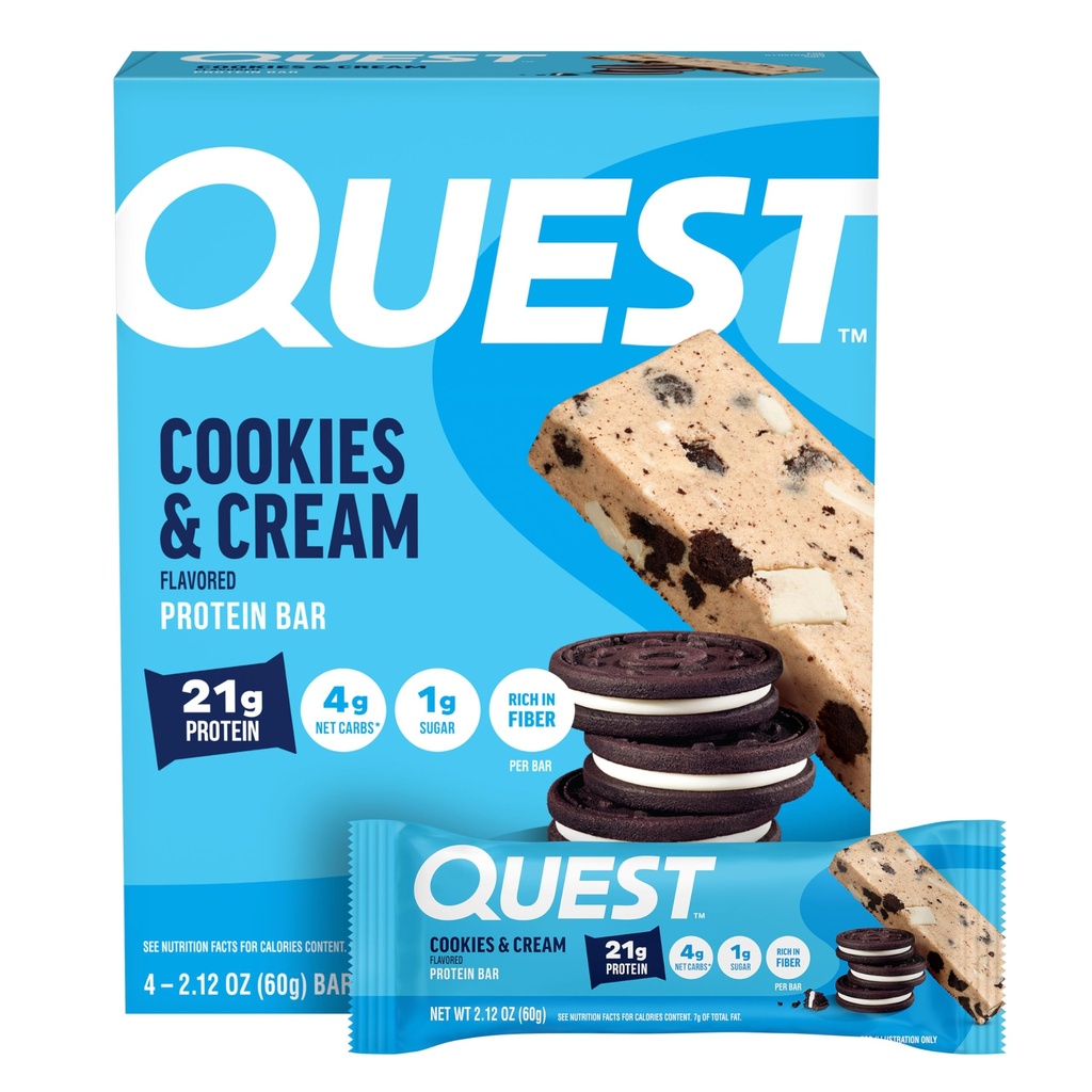 Quest Nutrition Cookies & Cream Protein Bar, 21g Protein, 4g Net Carbs, 1g Sugar, Gluten Free, Keto Friendly, 4 카운트