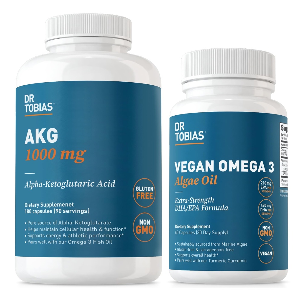 박사 Tobias AKG 보충교재 & Vegan Omega 3 조류 기름, AKG, EPA & DHA, Vegan, 글루텐 자유로운, 비 GMO를 가진 지원 세포질 에너지 & 전반적인 건강