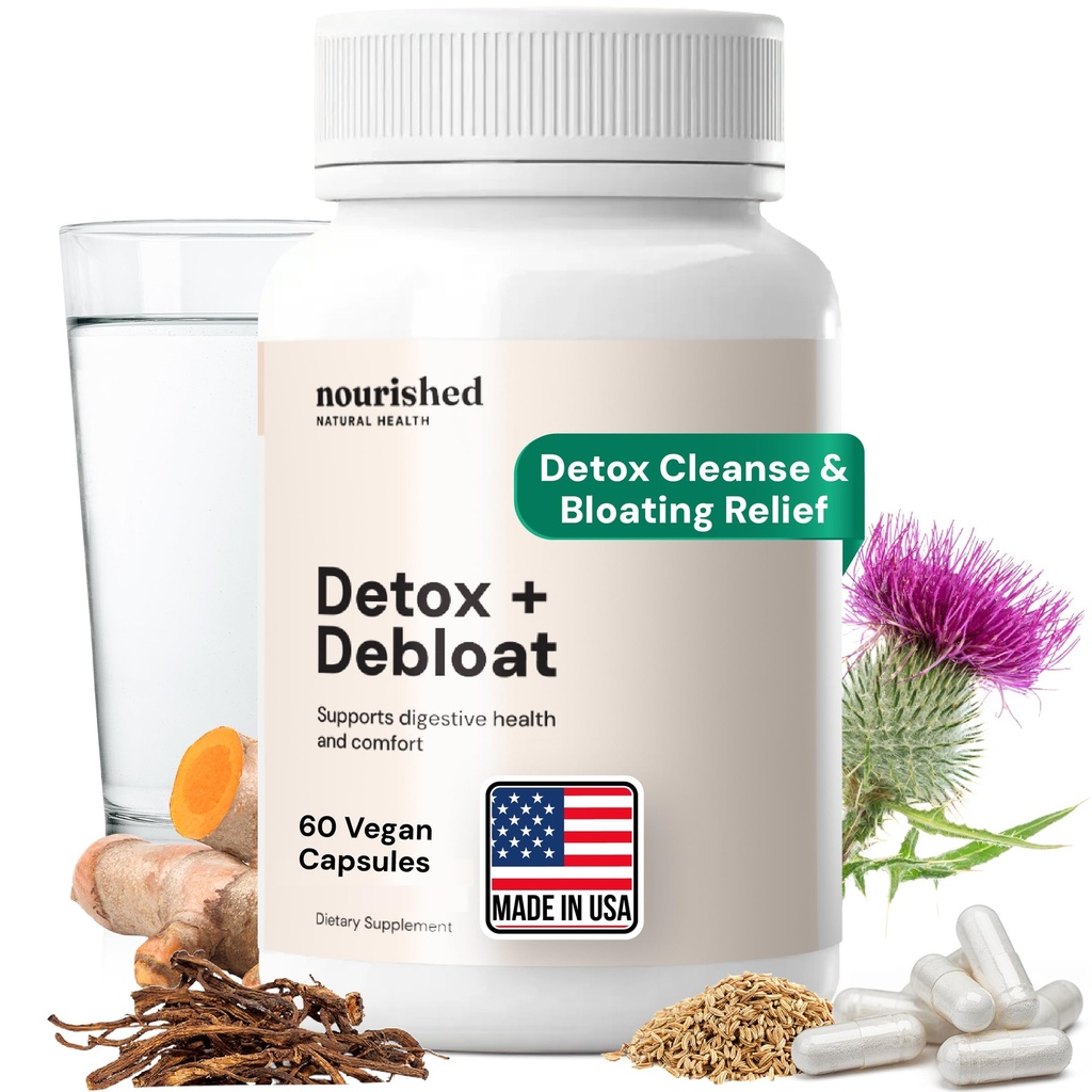 Nourished Natural Health Detox + Debloat - 밀크 이틀 & 댄 델리 뿌리 Vegan Supplement for Women - Bloating Relief & Digestion 지원 - 60 캡슐