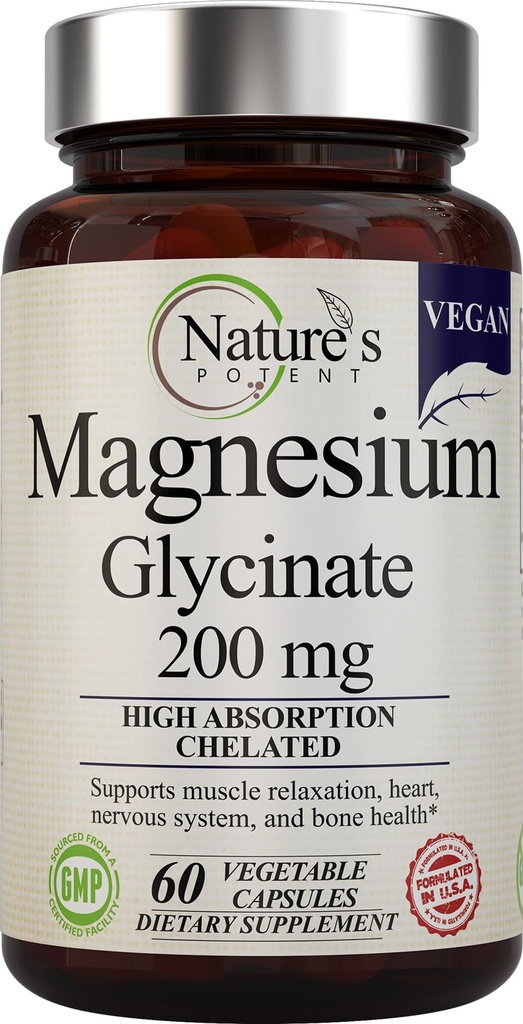 자연의 유력한 마그네슘 글리세라이드 200mg | 고 흡수 킬레이트 마그네슘 | Sleep, Calm & Muscle Cramp Support | Vegan Supplement | 60 캡슐