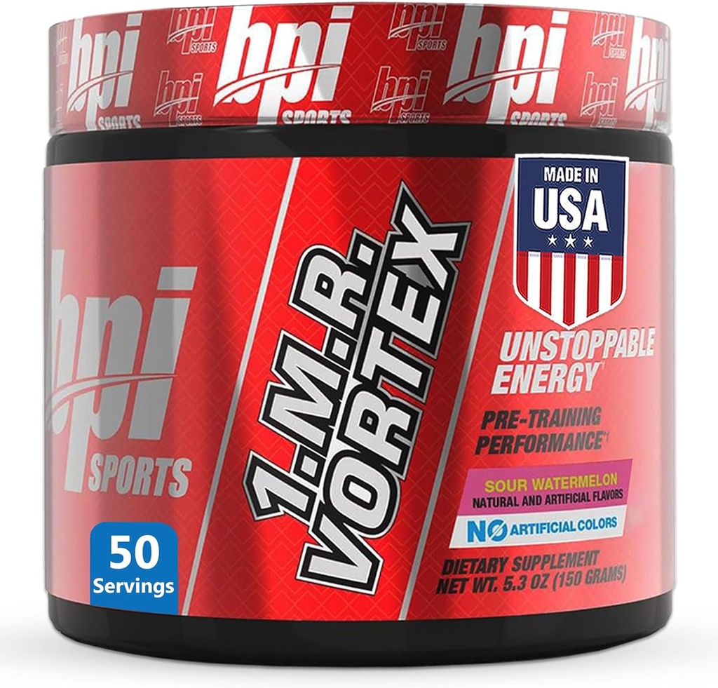 BPI 스포츠 1.M.R Vortex Pre 운동 분말 – 글리세롤, 카페인, 니콘, 허브 추출물을 가진 남자 & 여자를 위한 높은 Stim Preworkout – 에너지, 초점 & 내구시간 – Sour Watermelon – 50 서빙