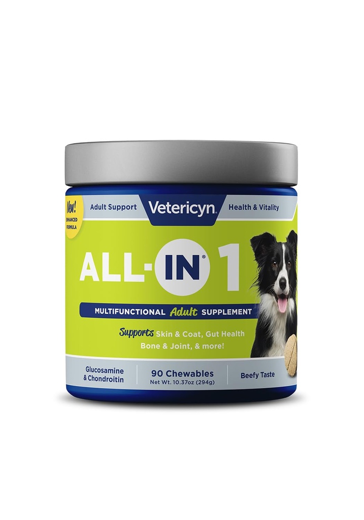 Vetericyn All-in 1 다기능 개 보충 | Bone 및 합동 지원 + 비타민, 산화제, Prebiotics, Probiotics 및 Omega를 위한 소화 효소 + 글루코사민 및 Chondroitin. 90 개