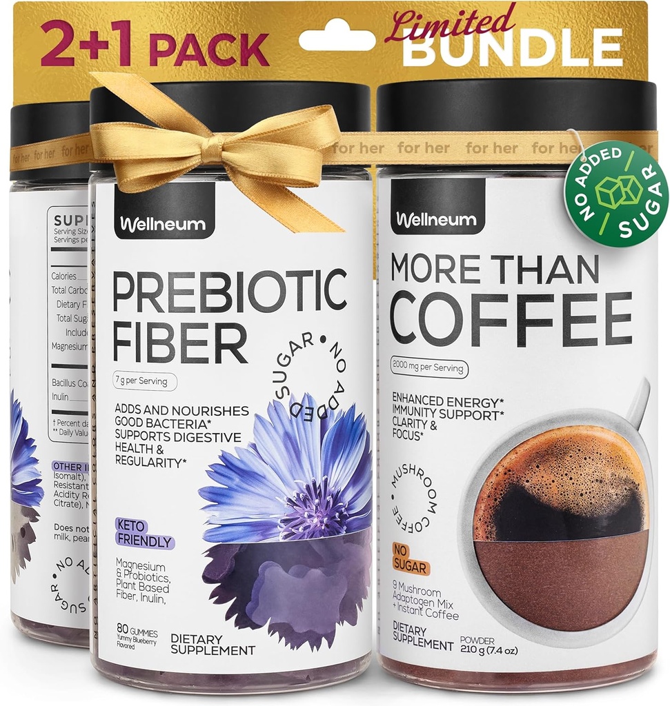 버섯 커피 및 높은 Prebiotic 섬유 Gummies 번들 - 9 버섯 Adaptogen Mix, Dietary Fiber 7G, Probiotic - Immunity, Gut Health 용 Instant Mushroom Coffee 및 Fiber Chews - 남성과 여성을위한