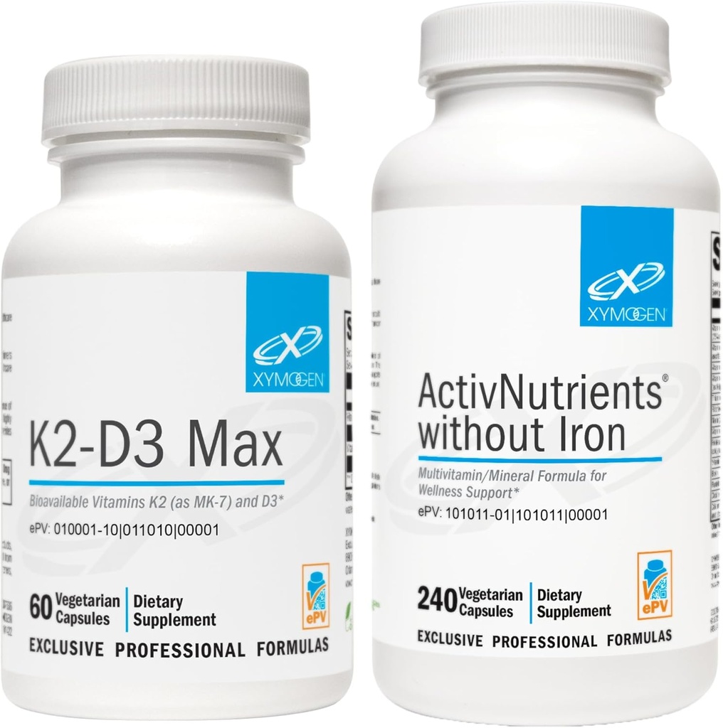 XYMOGEN ActivNutrients 없이 철 (240 캡슐) + K2-D3 최대 (60 캡슐) - 비타민 D 5000 IU 캡슐 + 비타민 K2를 가진 에너지와 계류 지원을 위한 Multivitamin