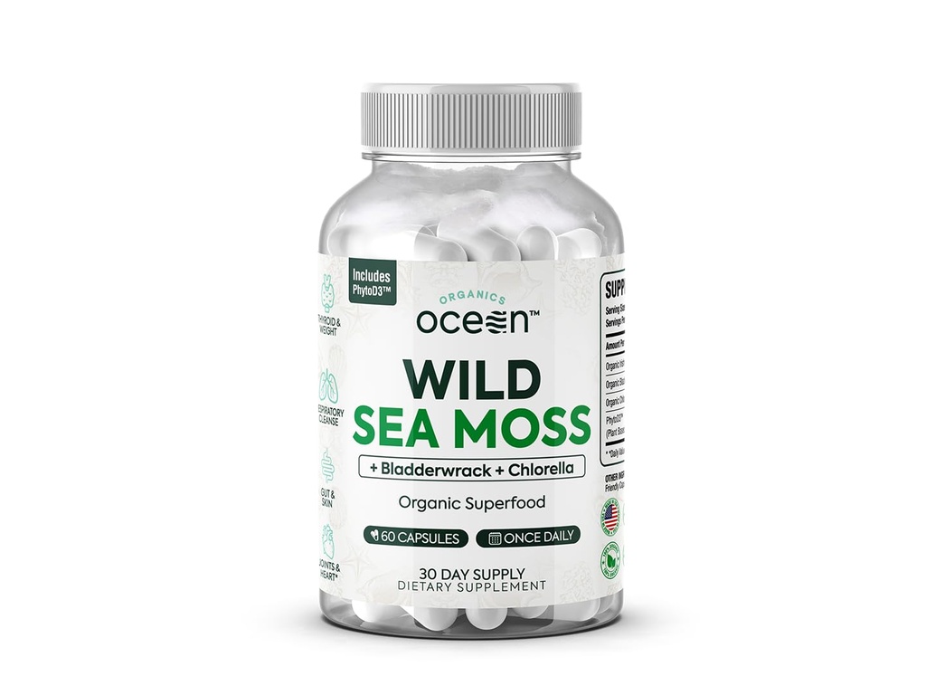유기 바다 야생 바다 Moss 캡슐 - 유기 염소 바다 Moss, Bladderwrack 및 비타민 D 에너지, Lung 건강 및 여성과 남성을위한 갑상선 지원 - 60 캡슐
