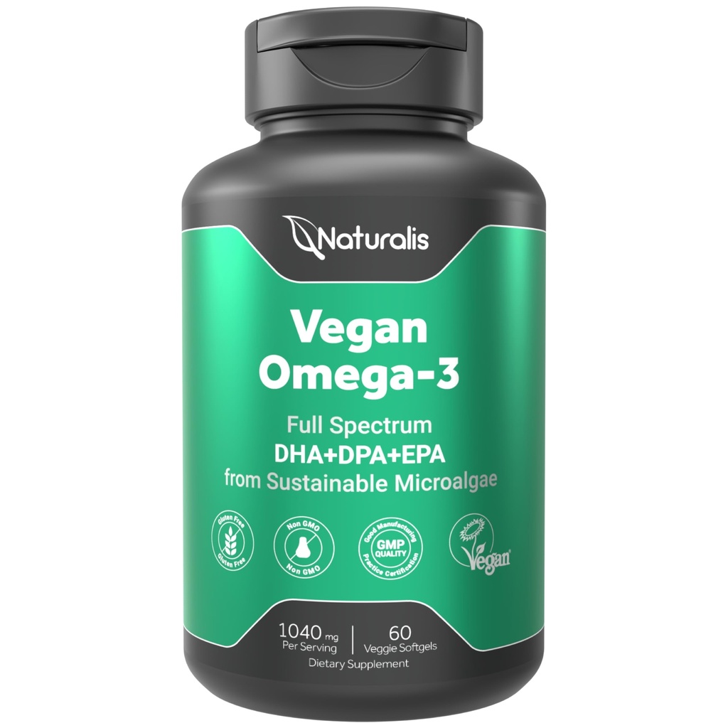 Naturalis Vegan Omega 3 DHA, EPA 및 DPA from Algae | Vegan Society 인증, 지속 가능한 Sourced, True Full Spectrum | 60 Veggie Softgels (Carrageenan Free)