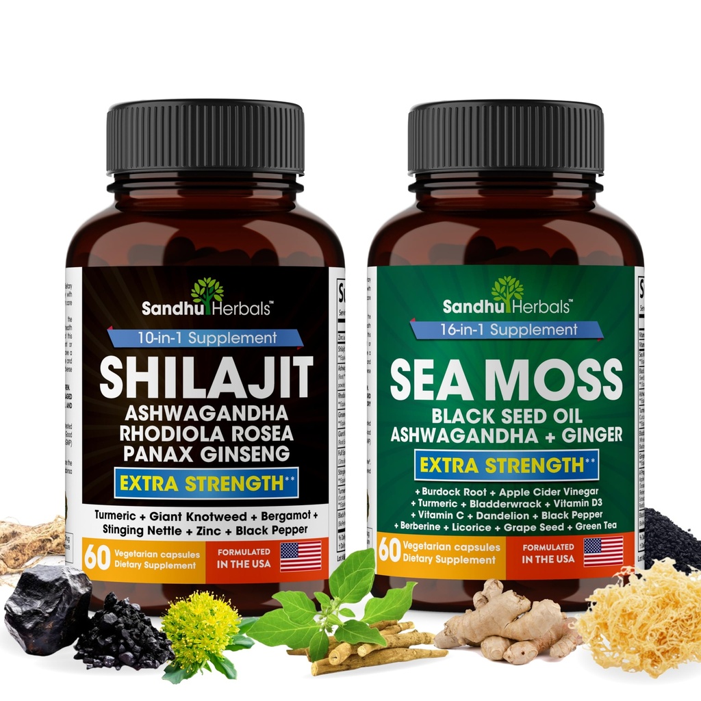 Shilajit Sea Moss Ashwagandha 콤보 번들 - 검은 씨앗 기름, 심황, Rhodiola Rosea, Panax, Ginseng Supplement | 120 캡슐, Gummies보다 더 나은, 수지 | 남자와 여자를위한 Seamos