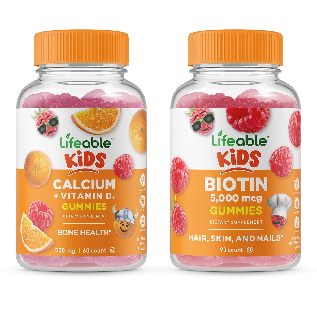 Lifeable Biotin Kids + 비타민 D 어린이 칼슘, Gummies 번들 - 훌륭한 타스팅, 비타민 보충, 글루텐 무료, GMO 무료, Chewable Gummy