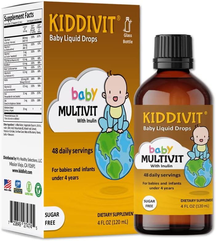 Kiddivit 아기 Multivitamin 액체 낙하 - 48 매일 서빙, 4 Fl Oz (120mL) - 유리 병 - 설탕 무료, 글루텐 무료, 채식 친화적 인