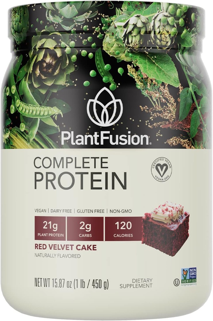 PlantFusion Complete Vegan Protein Powder - BCAA, 소화 효소 및 완두 단백질과 함께 식물 기반 단백질 분말 - Keto, Gluten Free, Soy Free, Non-Dairy, No Sugar, Non-GMO - Red Velvet 1 lb