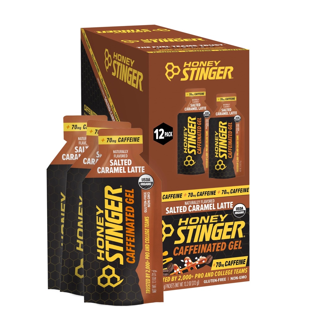 꿀 Stinger 유기 소금에 절인 Caramel 에너지 젤, Caffeinated & 글루텐은 운동, 달리기 및 성과, 가정 & 체육관을 위한 스포츠 영양, 전과 중앙 운동, 12 팩, 13.2 Ounce를 위해 해방합니다