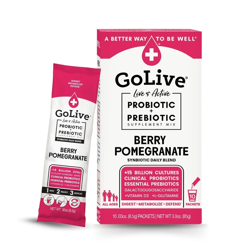 GoLive Prebiotic and Probiotic for Women, 남성, 아이. Berry Pomegranate Synbiotic 분말 w/L 글루타민, 비타민 D3의 전해질. Gut 건강, 소화, 대사, 면역력 15-50B CFUs를 위해.