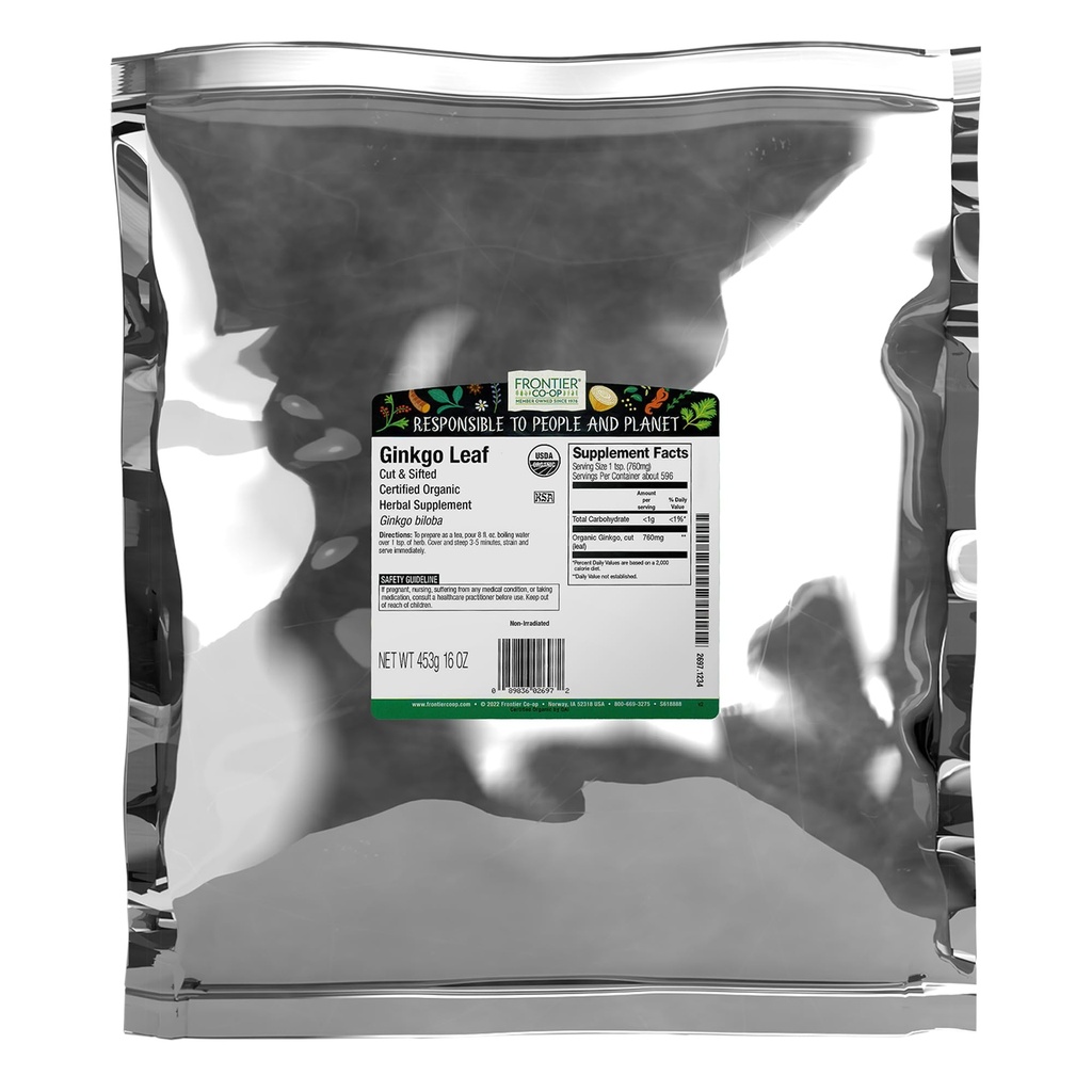 Frontier Co-op Organic Ginkgo Leaf, 1lb Bulk Bag, Cut 및 Sifted | 말린 은행나무 Biloba Leaf | 차 및 허브 용도에 이상적입니다.