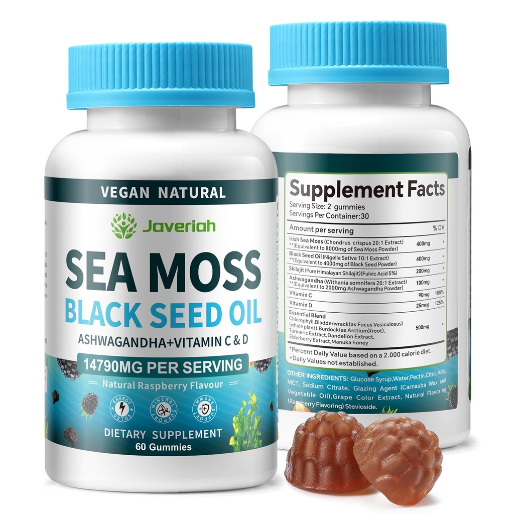 Vegan Ashwagandha Sea Moss Gummies - 블랙 씨 오일, 비타민 C & D Immune 지원, 소화, 1 번에 산화 방지제 13, 바다 Moss Chlorophyll 고급 강도 공식 2Pack 120 Gummies