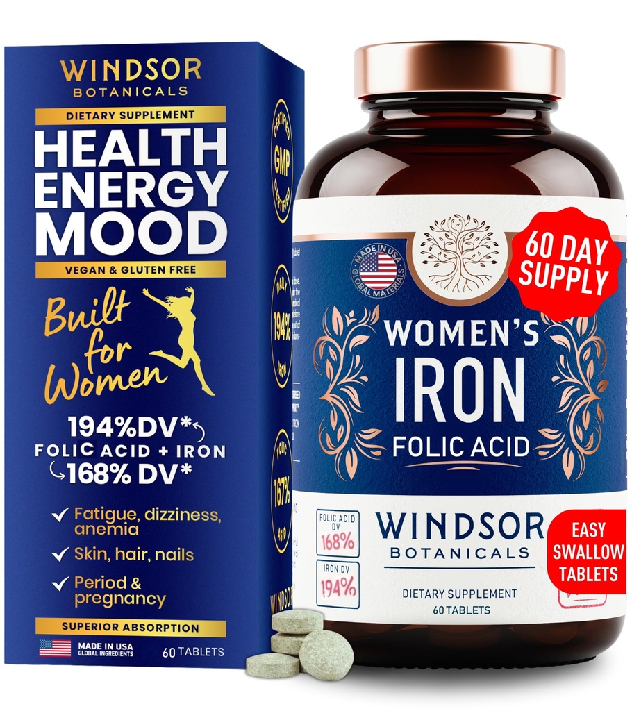여성을위한 철 및 Folic 산 보충제 - 35mg Gentle Iron Vitamin, Folic Acid 400mcg - Anemia, Period, Pregnancy Support Supplement, Ferrous Sulfate Pills - 60 Vegan Non-Constipating Tablets