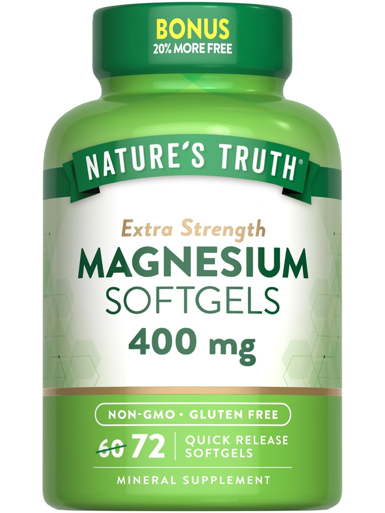 자연의 진실 마그네슘 | 400mg | 72 Softgels | Value Size | Extra Strength | Magnesium 산화물 | Non-GMO 및 글루텐 무료 보충