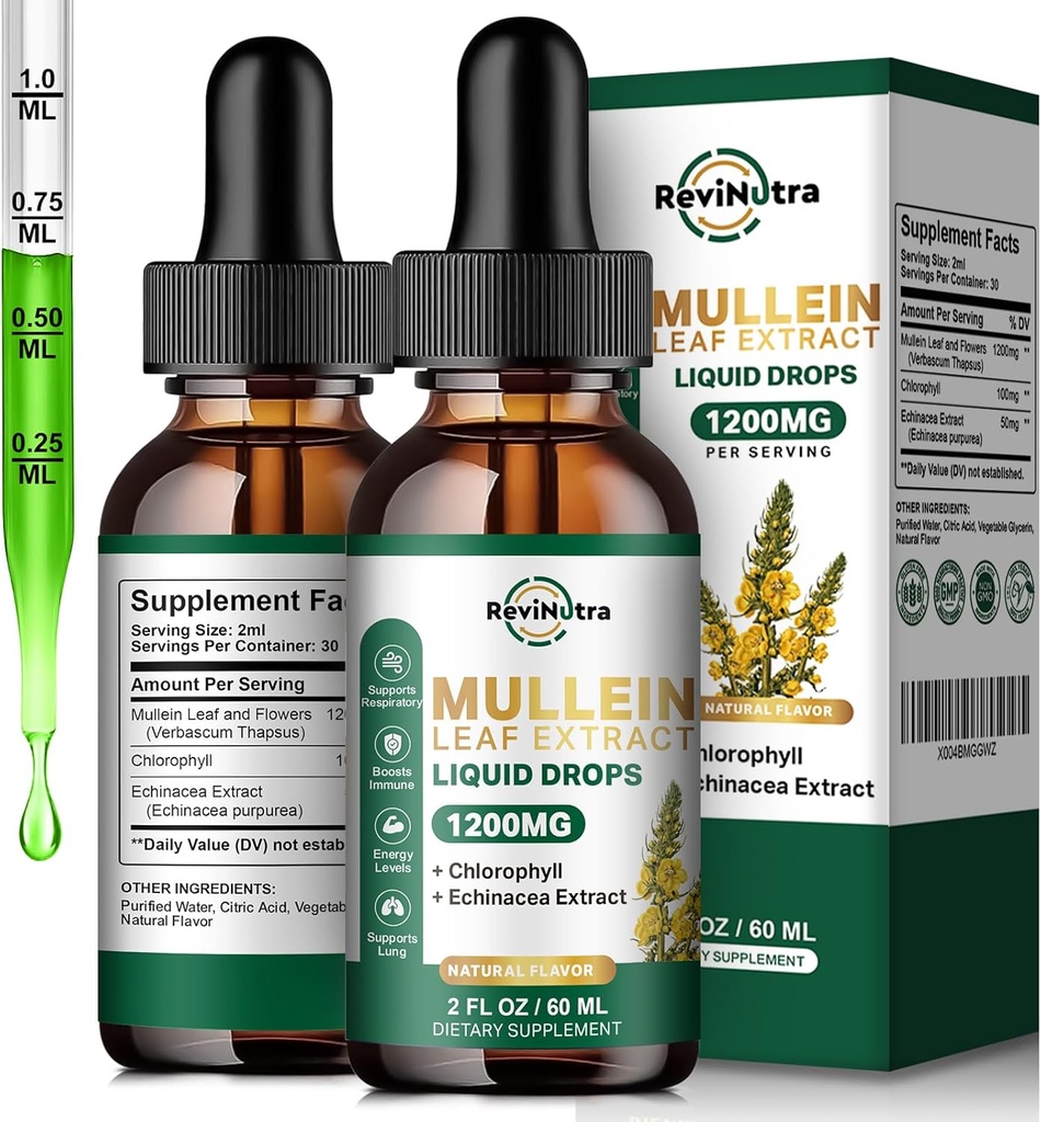 2 Lungs를 위한 팩 Mullein 하락, 1200mg Mullein 잎 추출물 Lung Cleanse & Detox를 위한 클로로필을 가진 액체 하락, 호흡기, 면역 체계를 위한 지원