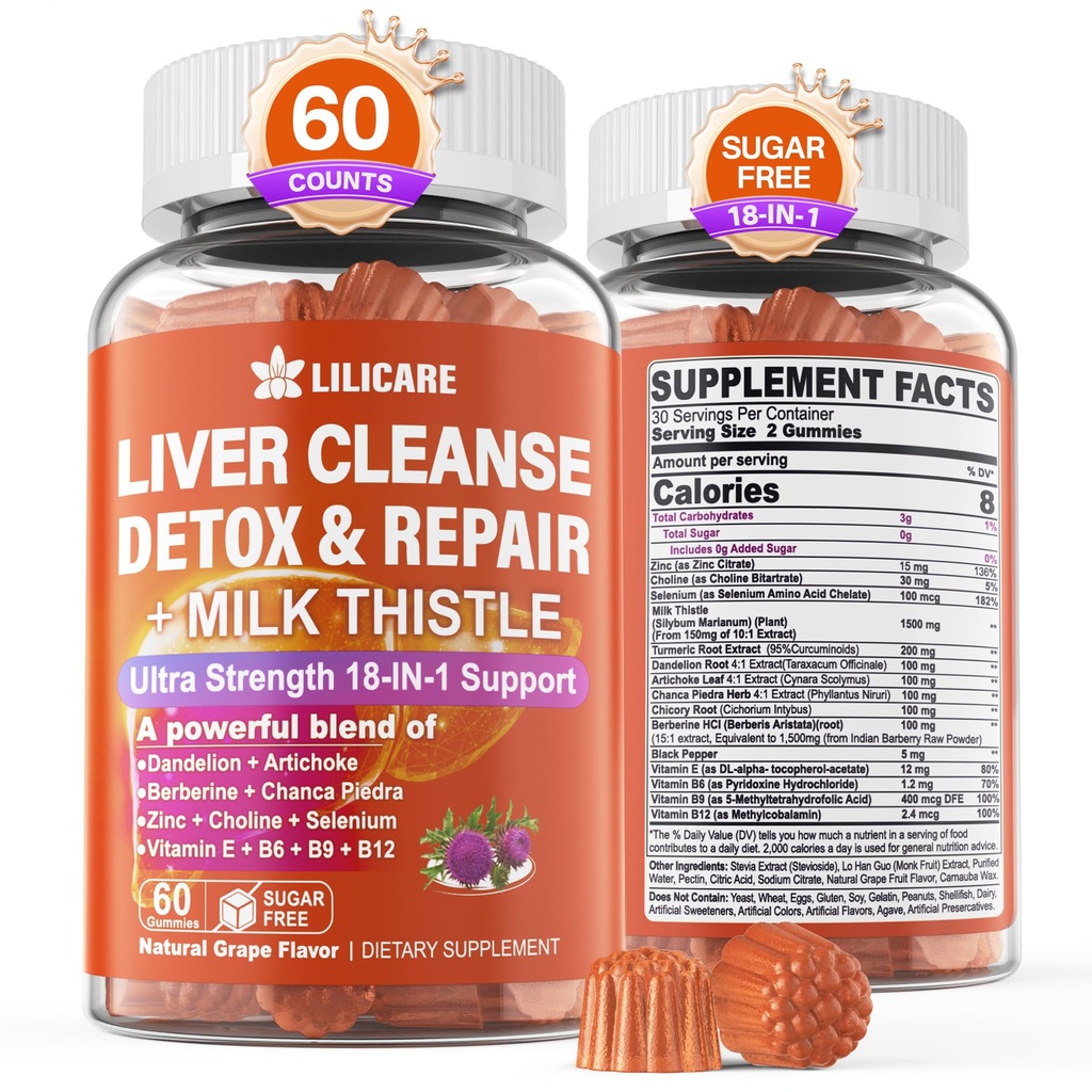 1Pack 우유 이틀 간호 Detox Gummies, 18-in-1 Liver Cleanse Detox & Berberine, Chicory Root, Turmeric, Artichoke, Dandelion Root, Chanca Piedra, 비타민 B6 B12 - 설탕 무료