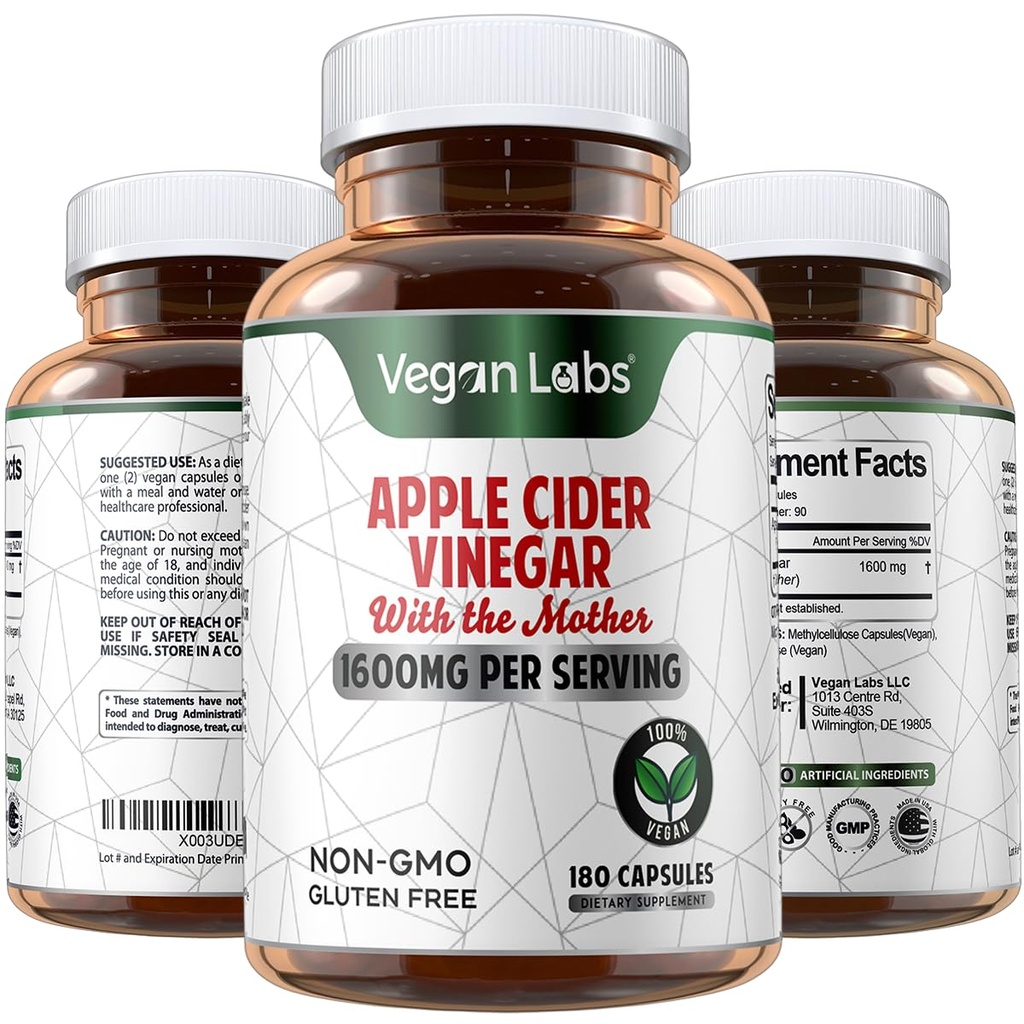 Vegan Labs Apple Cider Vinegar 캡슐 어머니 180 Vegan 캡슐, 서빙 당 1600MG- 100% 자연적인 ACV 알약 지원 건강한 소화, Keto, 무게 관리, Detox 및 면역 체계