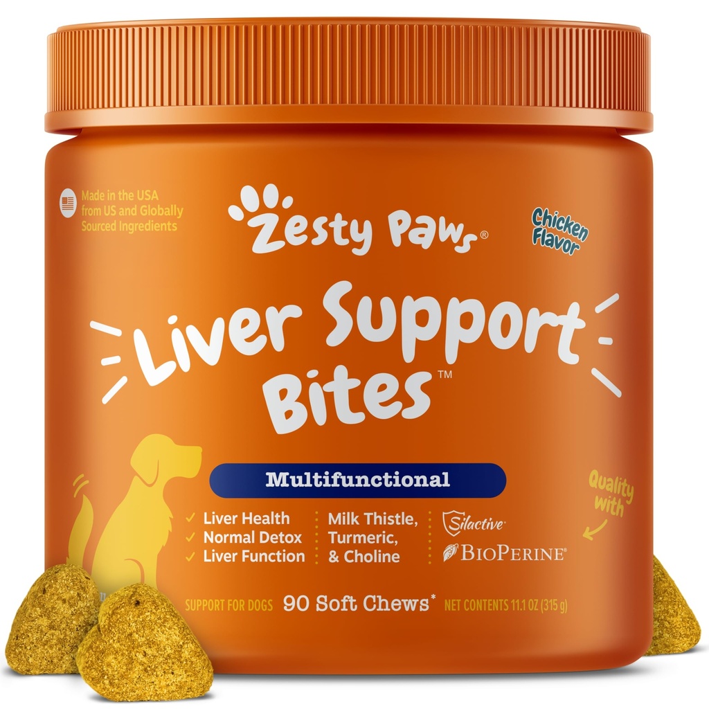Zesty Paws Liver Support Supplement for Dogs - 우유 이틀 추출물, 심황 쿠르쿠민, 콜린 - 부드러운 킬 공식 - 개 Liver 기능 용
