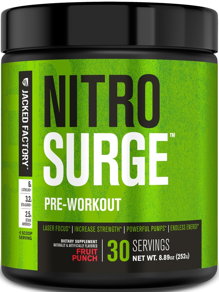 Jacked Factory NITROSURGE Pre Workout Supplement - Endless Energy, Instant Strength Gains, Clear Focus & Intense Pumps - NO 부스터 및 강력한 Preworkout Energy Powder - 30 서빙, 과일 펀치