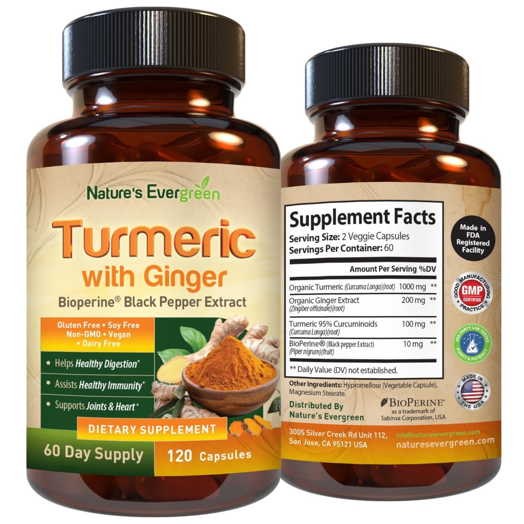 생강 뿌리 합동 지원 보충교재를 가진 심황 | 심황 Curcumin 보충교재 95% Curcuminoids | 최대 흡수를 위한 까만 고추 추출물을 가진 유기 심황 & 생강