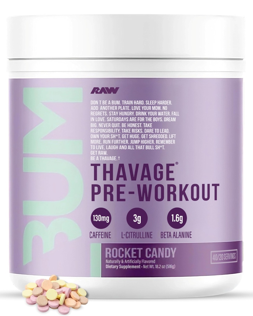 RAW Pre 운동 분말, Thavage (Rocket Candy) - 남자를위한 Chris Bumstead 스포츠 영양 보충 - CbumPreworkout for Working Out, Hydration, Mental Focus & Energy - 40 서빙