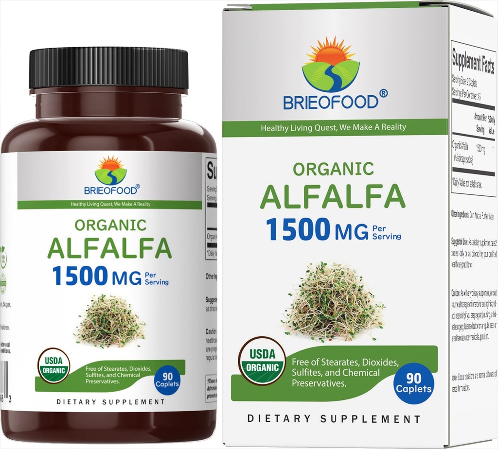 Brieofood 유기 Alfalfa 1500mg, 45 서빙, 채식, 글루텐 무료, 90 채식 정제