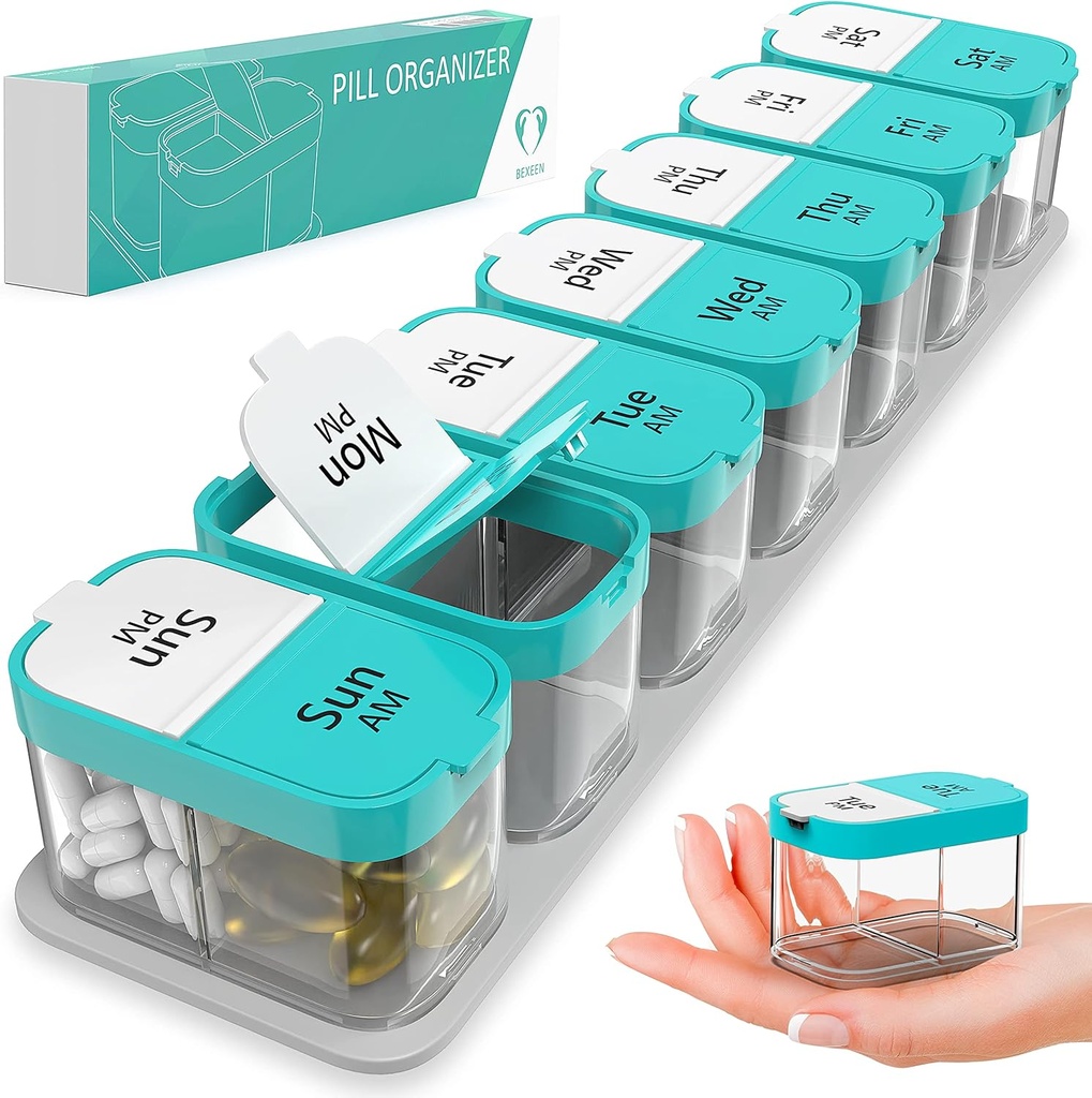 Extra Large Weekly Pill 주최자 - 7 Detachable AM PM Compartments가있는 XL 비타민 홀더 - 가정 및 여행을위한 휴대용 의학 분배기, Weekly 또는 Daily Use, Mint