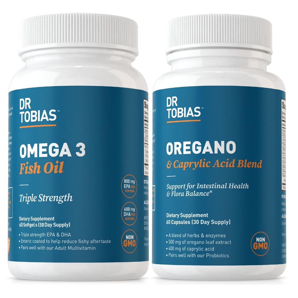 Tobias Omega 3 Fish Oil and Oregano & Caprylic Acid 보조 식품, 지원 심장, 뇌, Gut Flora Balance Complex 및 여성 및 남성을위한 Intestinal 건강