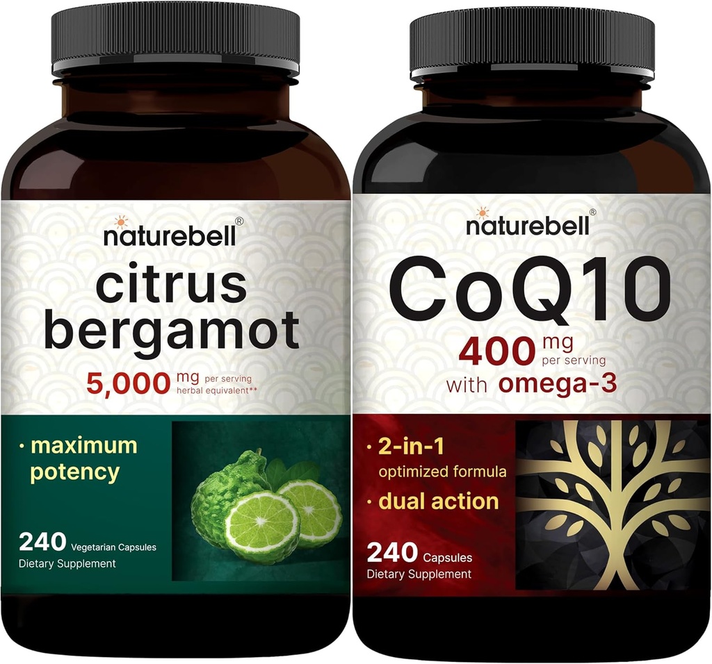 NatureBell CoQ10 400mg 캡슐 Omega 3 지방산 & Citrus Bergamot Veggie 캡슐 5,000 mg Equivalent 번들 팩 | 안정 높은 흡수 형태 | 높은 산화 방지제 수준
