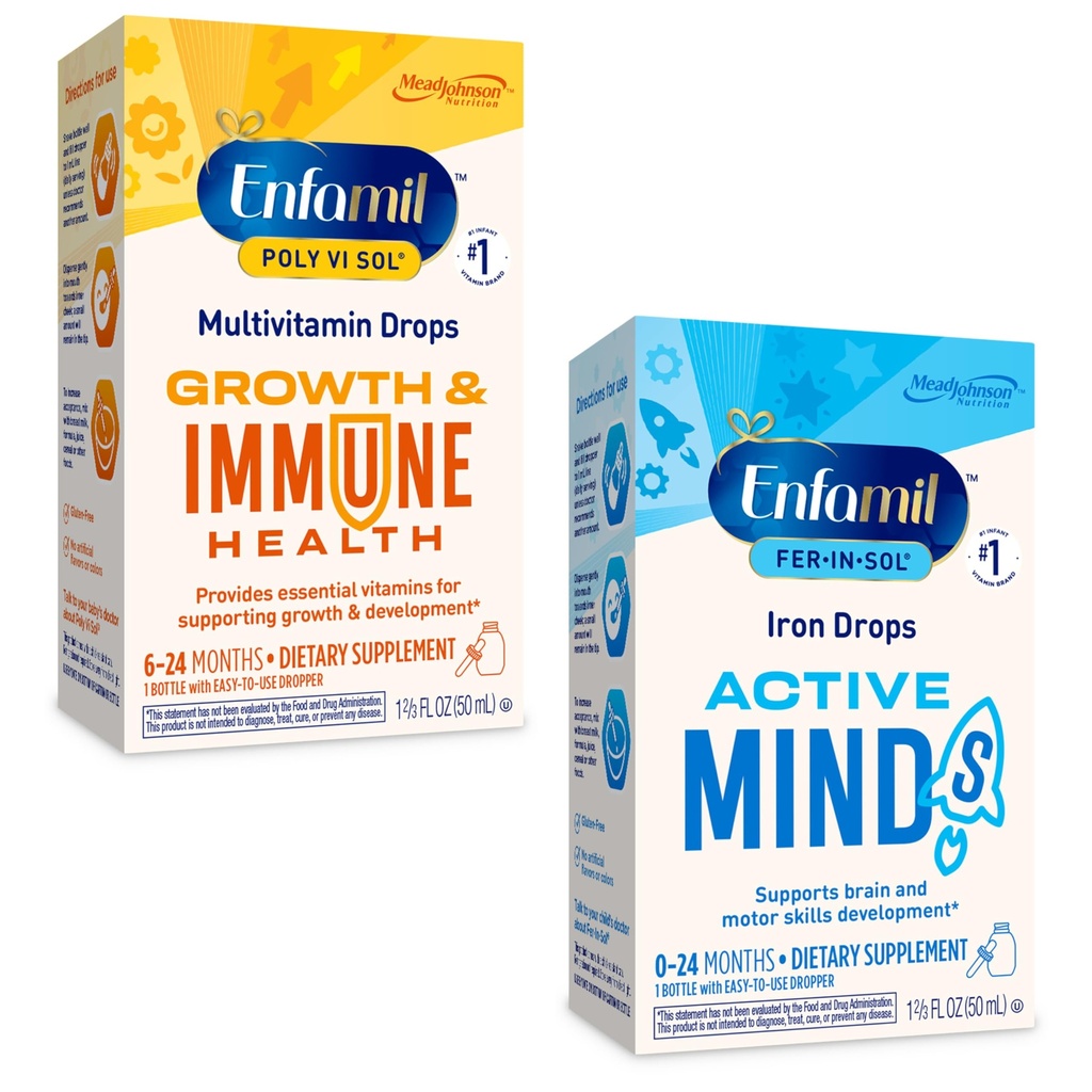 Enfamil Poly-Vi-Sol 및 Fer-in-Sol Iron Liquid Drop Multivitamin는 유아 및 유아, 2x50 mL Dropper 병에 대 한 보충 교재