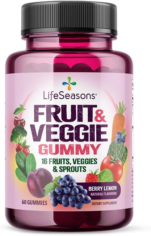 LifeSeasons Fruit & Veggie Gummy Supplement - 16 과일 야채 및 사프 - 비타민 미네랄 및 산화 방지제 - 면역력 및 웰빙을위한 영양 지원 - 3X 더 유력 - 60 구미