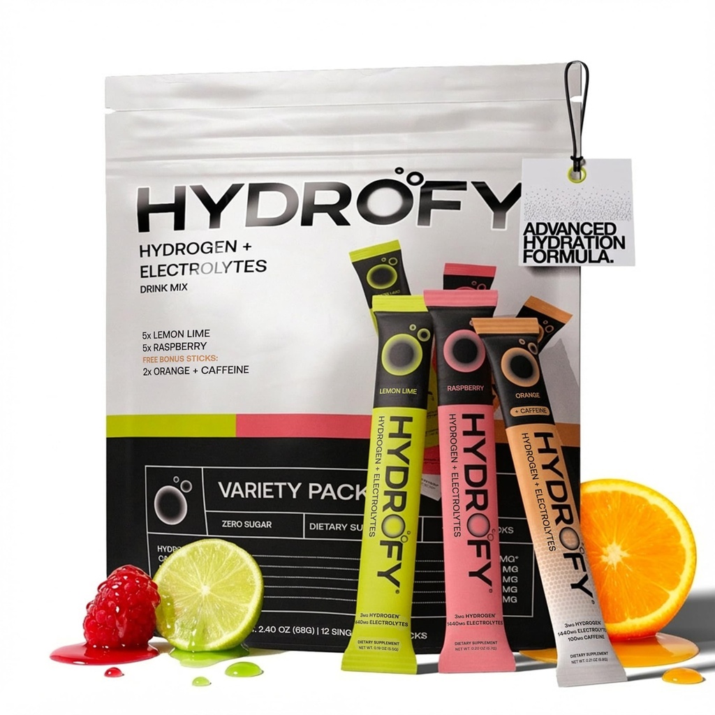 Hydrofy Hydrogen Water + Electrolytes 음료 믹스 - 다양한 팩 | 분자 수소, 나트륨, 칼륨, 마그네슘 | 레몬 라임, 라즈베리, 오렌지 + 카페인 | 12 개
