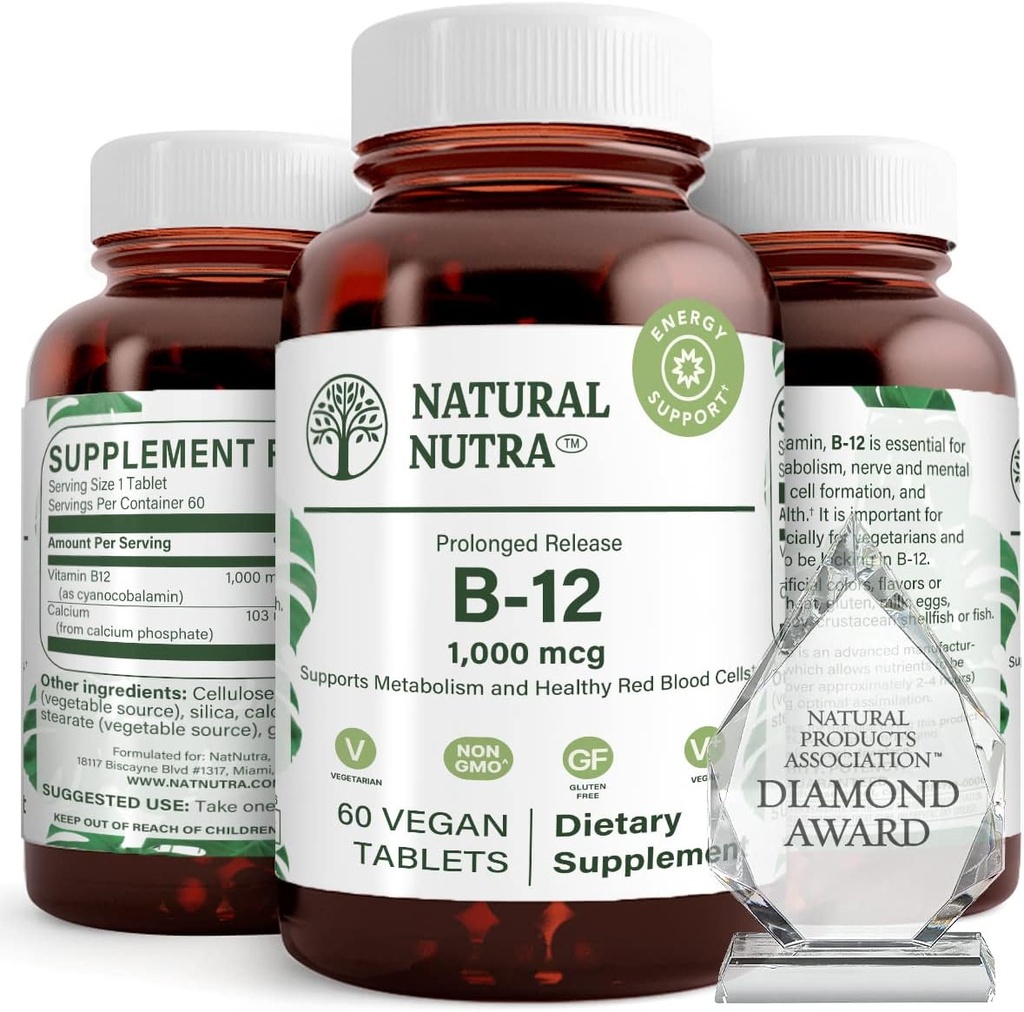 자연적인 Nutra 비타민 B12 1000 mcg, Cobalamin B 12 보충교재, 칼슘 인산염, Metabolism 건강에 있는 도움은, Nervous 체계, 최선 흡수, 글루텐 해방합니다, 설탕 자유로운, 60 Vegan 정제를 지원합니다
