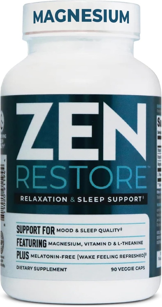 영양학 Zen Restore 마그네슘 보충교재, 비타민 D3, L-Theanine를 가진 복용량 당 400mg 마그네슘 말레이트는, 휴식, 근육 회복 & Adrenal 건강, 높은 흡수 보충교재, 30의 서빙을 승진시킵니다