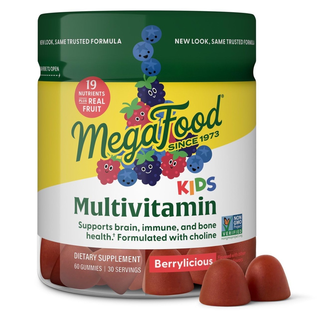 MegaFood Kids Multivitamin Gummies - 아이 비타민 - 비타민 C, 비타민 D, 아연, 콜린 및 실제 과일 - 뇌 및 면역 지원 - Berrylicious 풍미 - 60 구미 (30 인분)