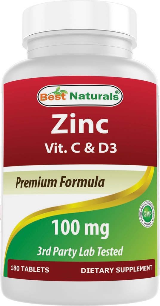 비타민 C & D3를 가진 제일 자연적인 아연 100 mg 180 정제 글루텐 자유로운과 비 GMO