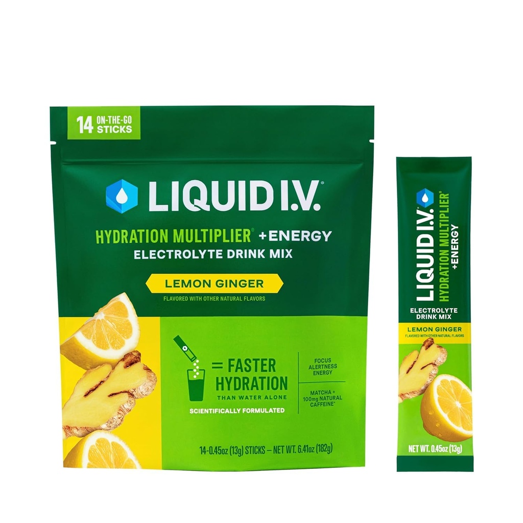 Liquid I.V.® Hydration Multiplier +Energy - Lemon Ginger | Electrolyte Powder Drink Mix | 1 팩 (14 인분)