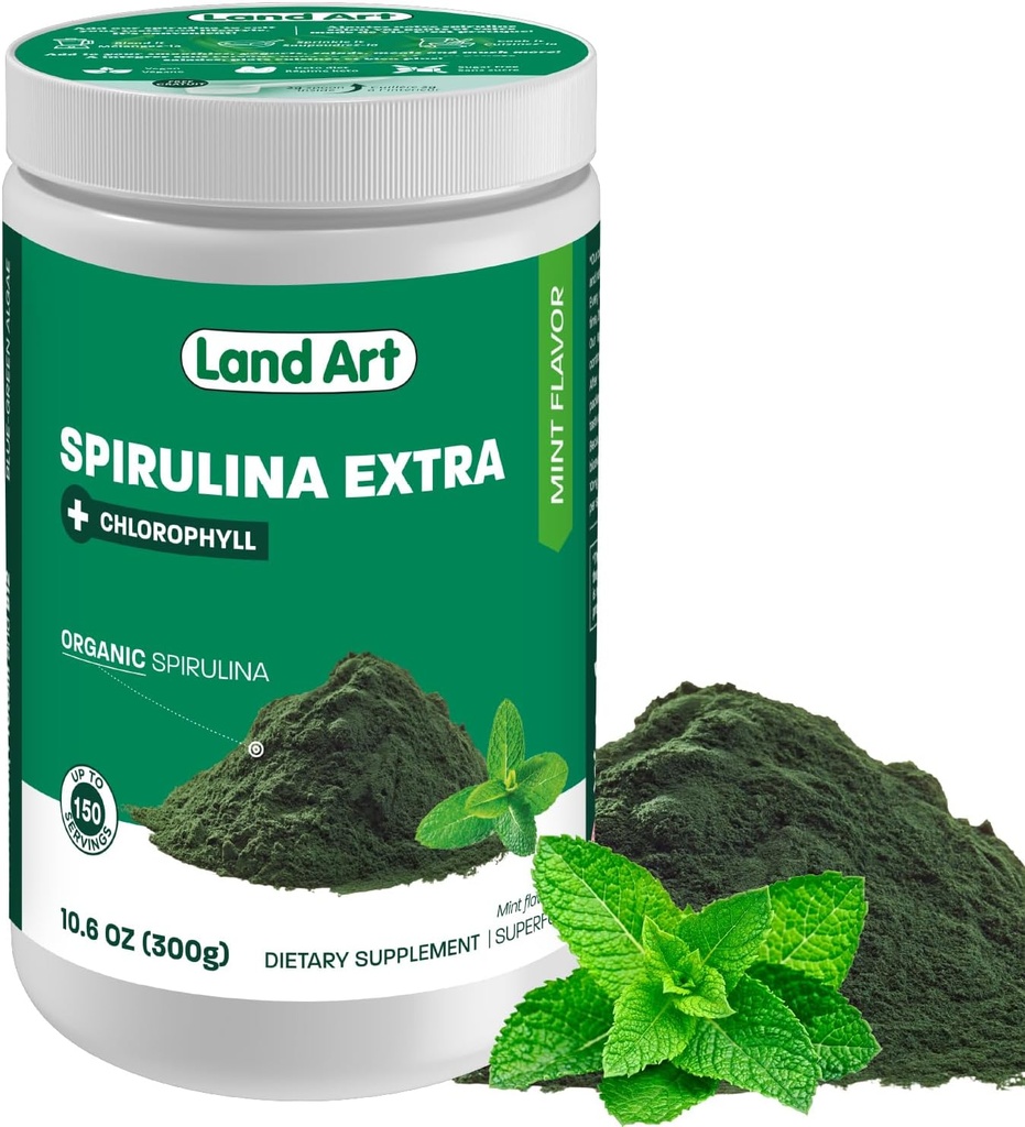 Land Art Organic Spirulina Extra Powder - Mint Flavoured - 100 % 순수 - 75 서빙 - 슈퍼 푸드 - 좋은 맛과 좋은 냄새 - 10 % 생체 활성 클로로필 - 산화 방지제의 강력한 소스