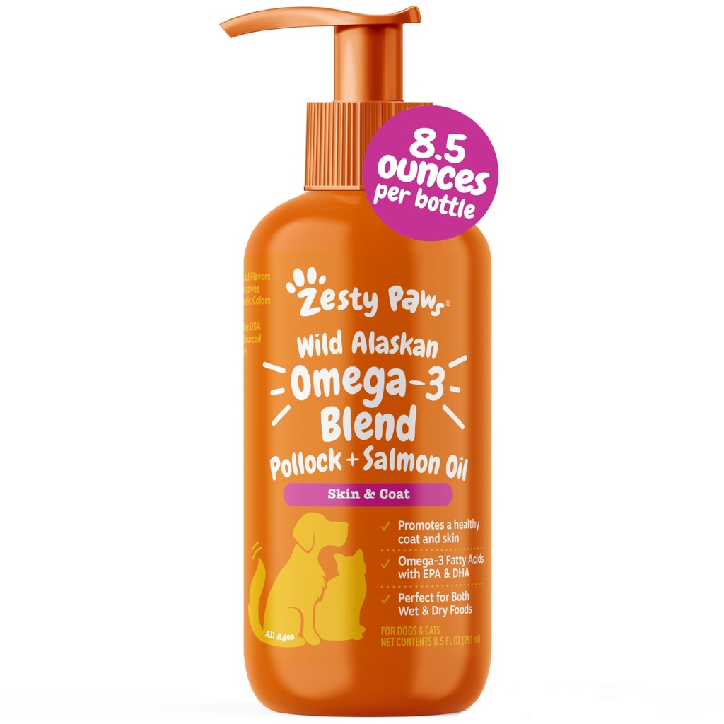 Zesty Paws Wild Alaskan Omega-3 혼합 Pollock + 개와 고양이를위한 연어 오일 - 피부 및 코트 지원, 애완 동물을위한 오메가 3 보충, 8.5oz