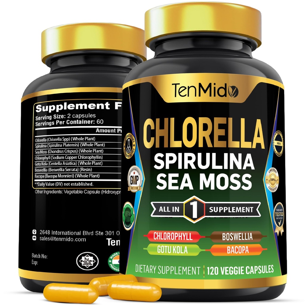 남성과 여성을위한 염소 보충 - Spirulina, Sea Moss, Chlorophyll, Gotu Kola, Boswellia & Bacopa - 면역 지원 - 영양, 비타민 - 120 캡슐