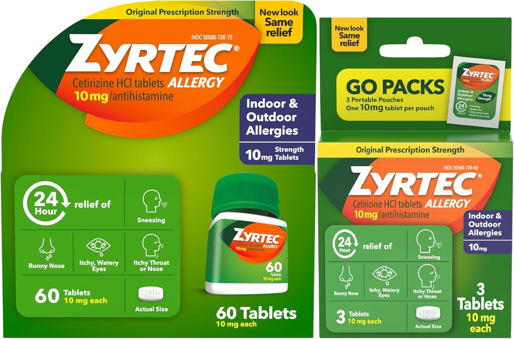 Zyrtec 24 시간 알레르기 완화 정제, 실내와 옥외 알레르기 약 10 mg Cetirizine HCl 항히스타민 정제, 번들 팩, 60 ct + 3 ct 여행 팩, 63 조사 당