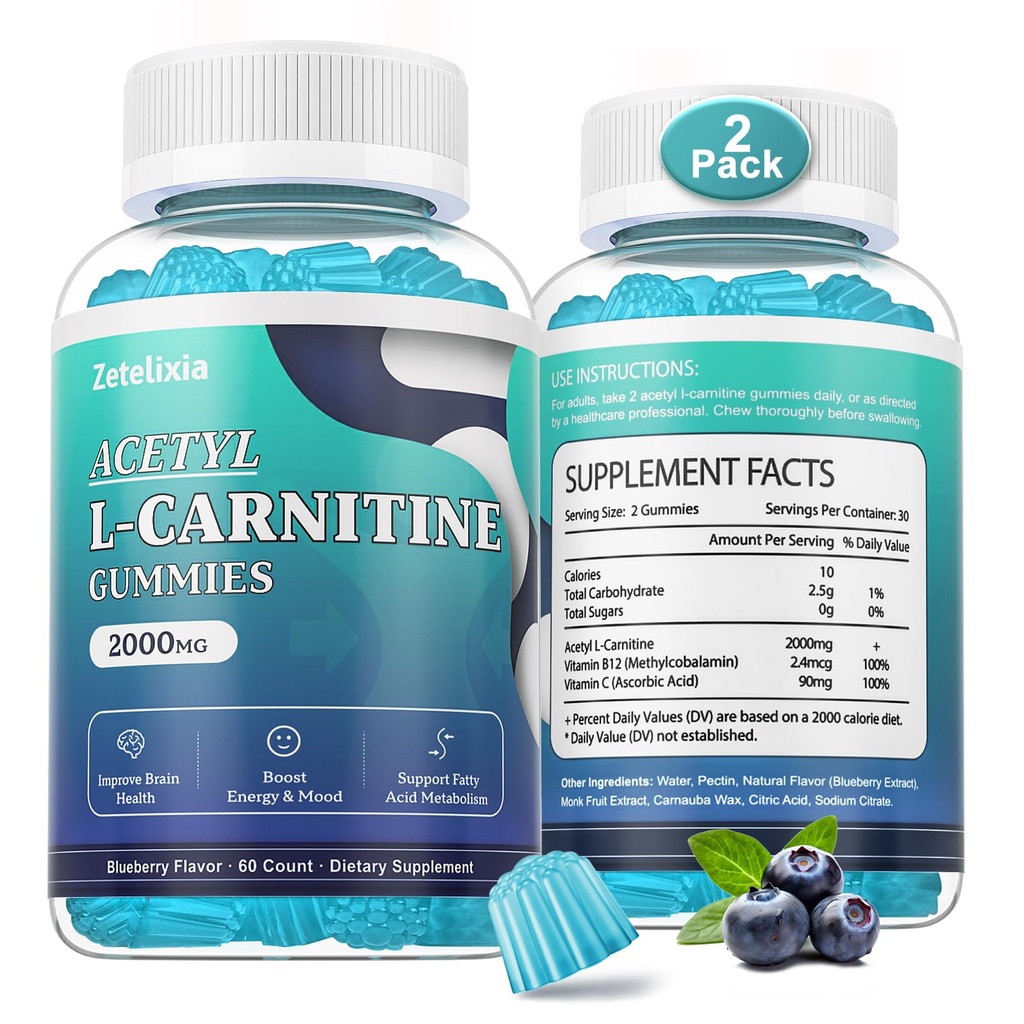2 팩 설탕 자유로운 아세틸 L 카르니틴 Gummies, 비타민 C & B12와 더불어 여자 & 남자를 위한 L 카르니틴 보충교재, 에너지, 뇌 & 심장 건강 지원, Vegan, 비 GMO, 120 조사를 위한 ALCAR