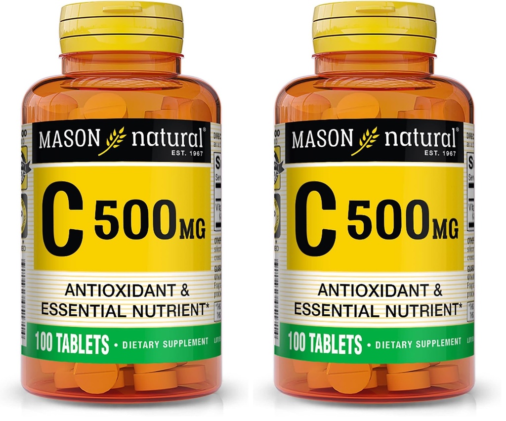 MASON NATURAL 비타민 C 500 mg - 건강한 면역 체계, 산화 방지제 및 정유성, 100개의 정제 (포장의 2)를 지원합니다