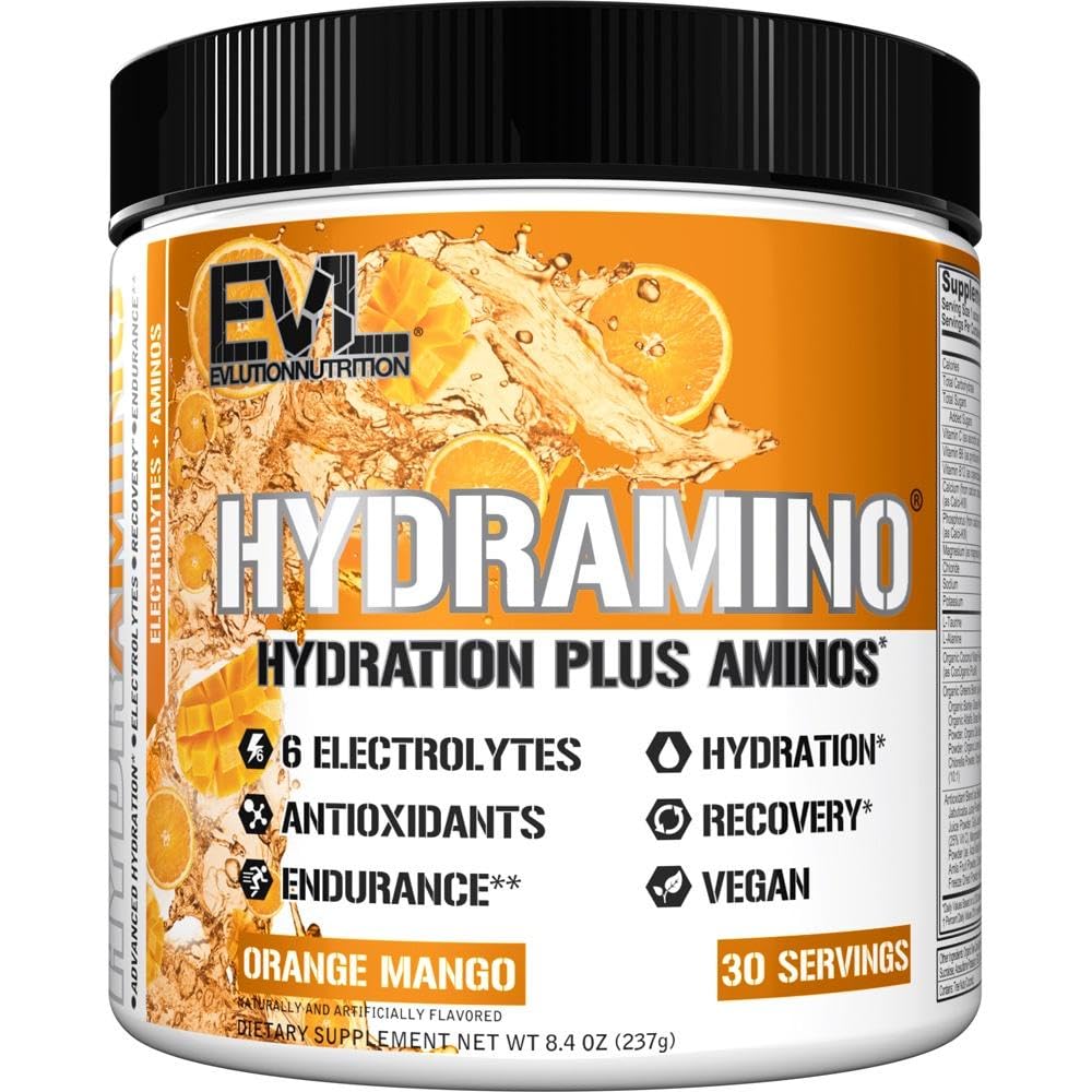 Evlution 영양 HYDRAMINO 완전한 Hydration 승압기, 모든 6 Electrolytes, 비타민 C & B의 유동성 밀어주는 아미노산, 야자열매 물, 내구시간, 회복, 산화 방지제, 30 Serve, 주황색 망고