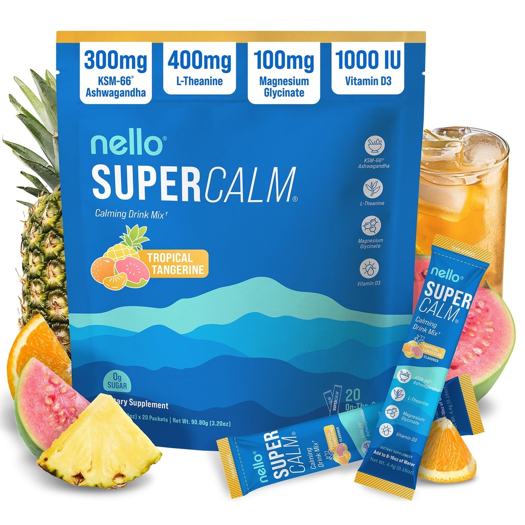Nello Supercalm 분말 음료 혼합, 열대 Tangerine, L Theanine, Ksm-66 Ashwagandha, 마그네슘 글리세라이드, 비타민 D 3, Relaxation & Focus, Natural, No Sugar, Non GMO, 20 Srvg에 대 한 보충